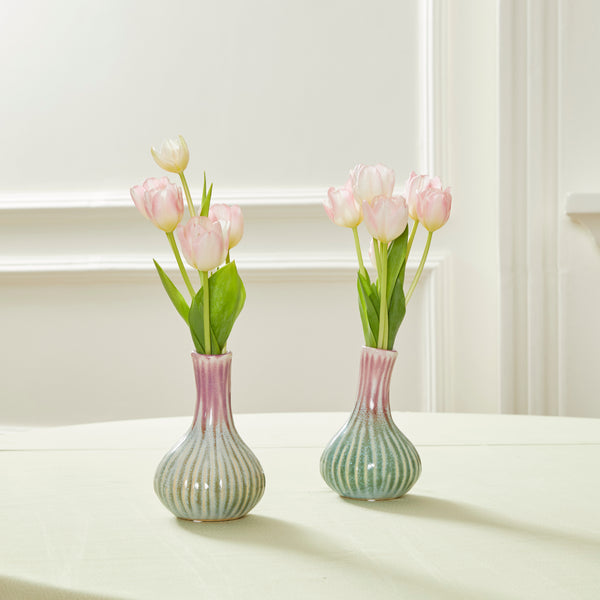 DUO DE VASOS ARCADIA COM TULIPAS COR-DE-ROSA