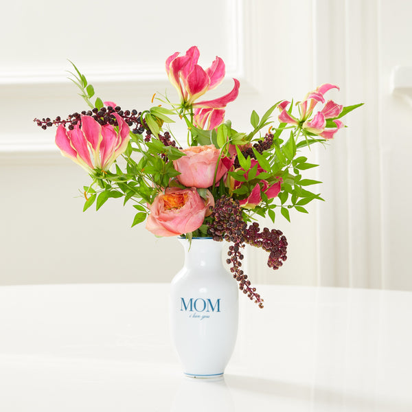 VASO PORCELANA MOM COM FLORES MODERNAS E PALHA ITALIANA