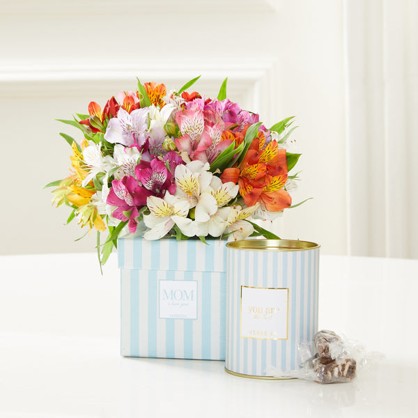 CAIXA MOM I LOVE YOU COM ALSTROEMERIAS COLORIDAS E PALHA ITALIANA