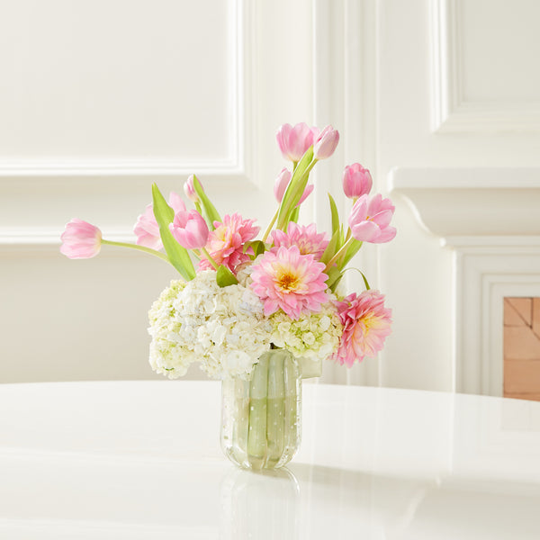 VASO MURANO PÉROLA COM DALIA, TULIPAS E HORTÊNSIAS