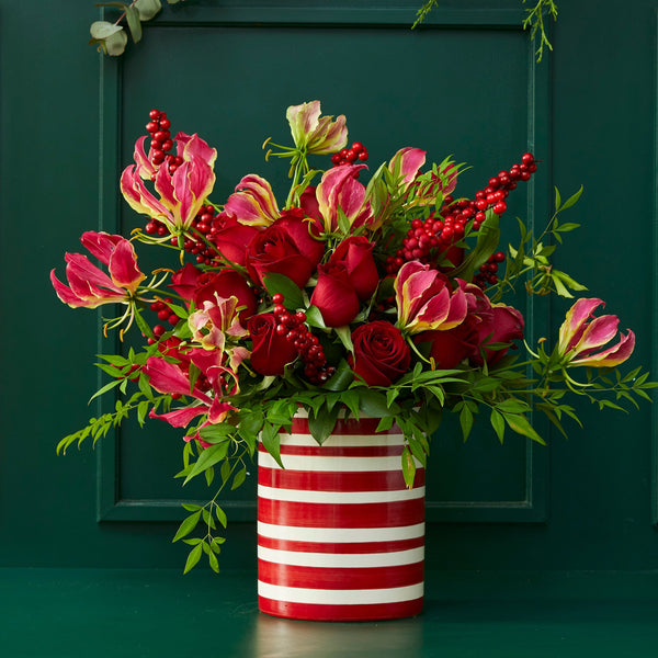 VASO RED STRIPES COM ROSAS, GLORIOSAS E FOLHAGENS