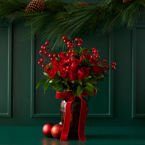 VASO RED DAVOS COM ROSAS E BERRIES DE NATAL