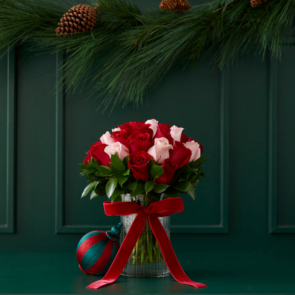 VASO VERBIER CHRISTMAS COM ROSAS VERMELHAS E COR DE ROSA