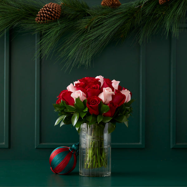 VASO VERBIER CHRISTMAS COM ROSAS VERMELHAS E COR DE ROSA