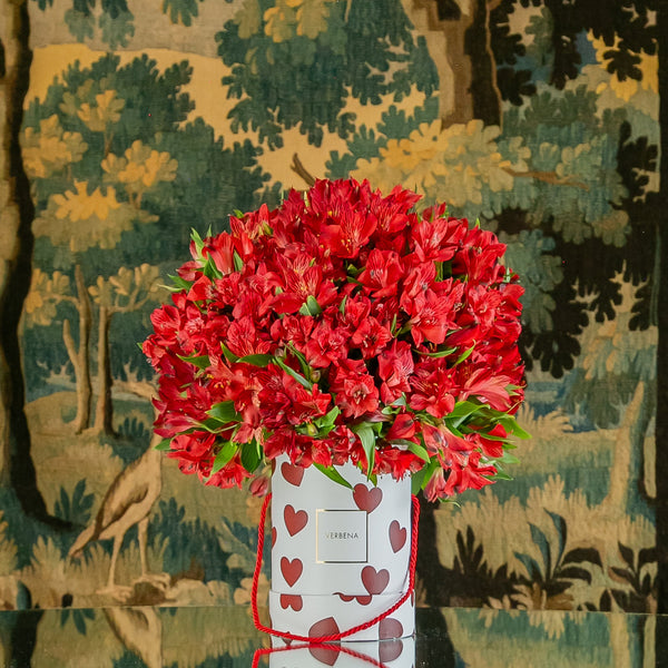 SWEET LOVE BOX COM 50 ALSTROEMERIAS VERMELHAS
