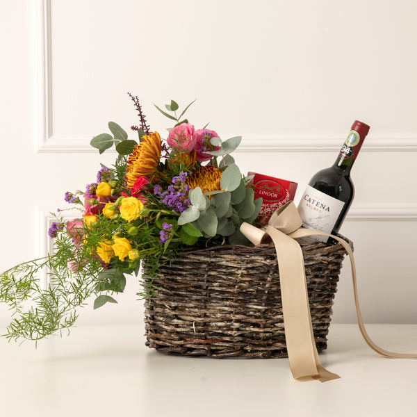 COLORFUL WINE AND CHOCOLATE BASKET